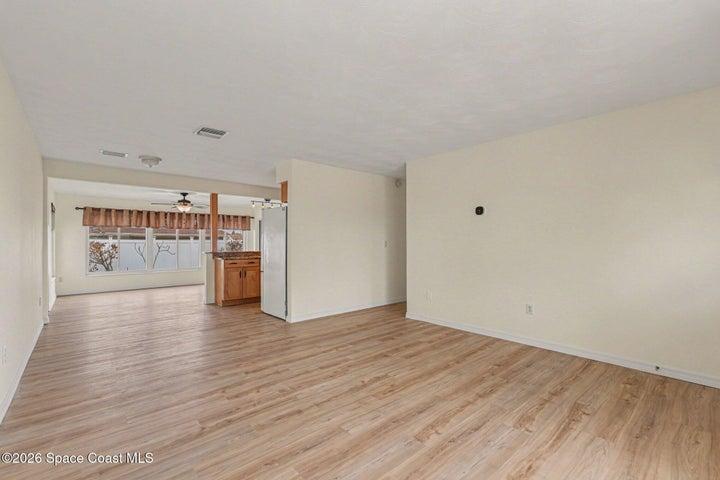 Living room into kitchen and dining area