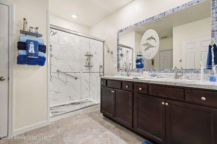 Primary Bathroom with Grand New West Shore Home Walk In shower