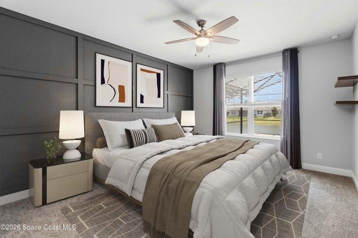 Virtually staged Primary bedroom with view of the water