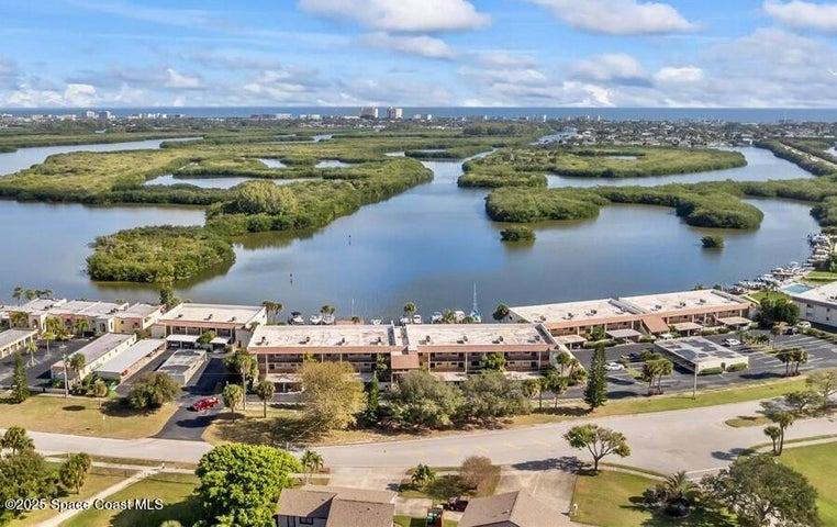 Aerial view of the Banana River, Thousand Islands and the ocean on the horizon