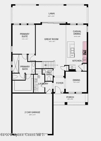 First Floor Plan - Additional Highlights Include: 8' interior doors, shower in place of tub at bath 2, and stainless steel undermount single bowl kitchen sink
