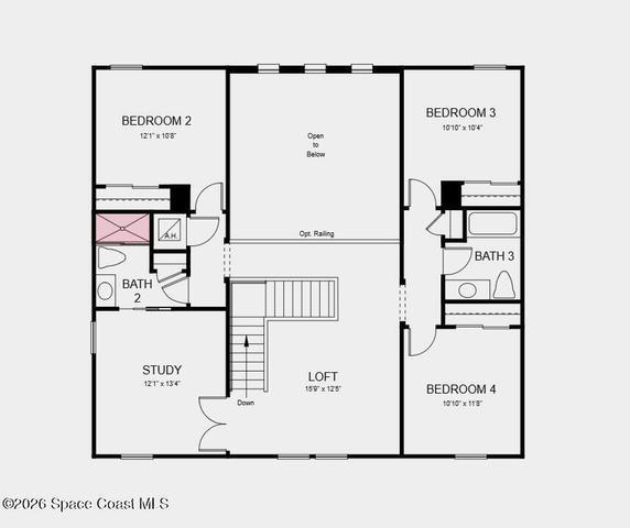 Second Floor Plan - Additional Highlights Include: 8' interior doors, shower in place of tub at bath 2, and stainless steel undermount single bowl kitchen sink