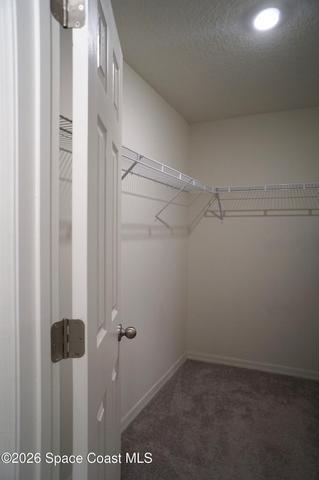 Walk-in closet featuring wire shelving, recessed lighting, white trim, and gray carpeting