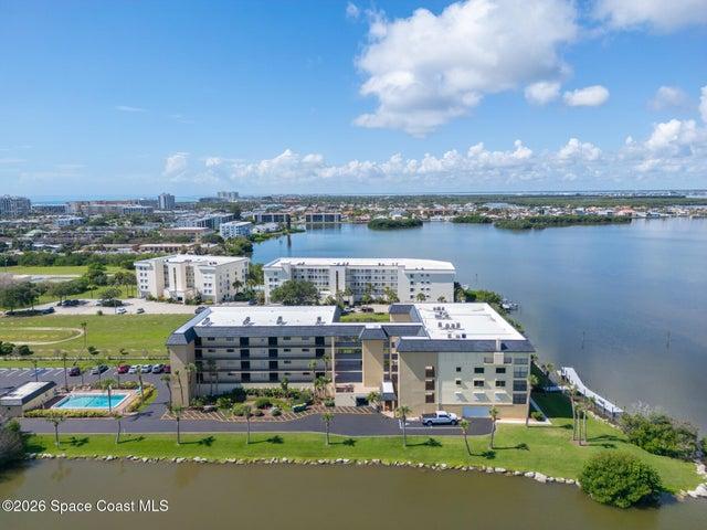 Aerial view of Riverwest community on the Banana River with Atlantic Ocean visible in the distance — Cocoa Beach, FL