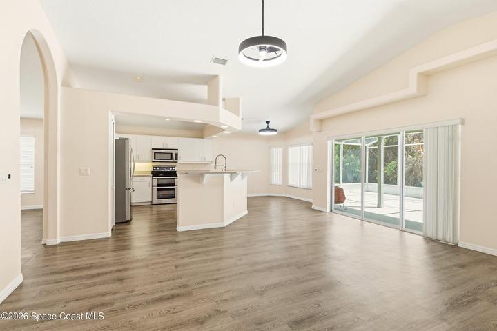 family room view to kitchen