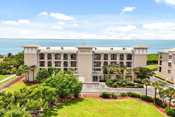 Aerial view of the front of the building