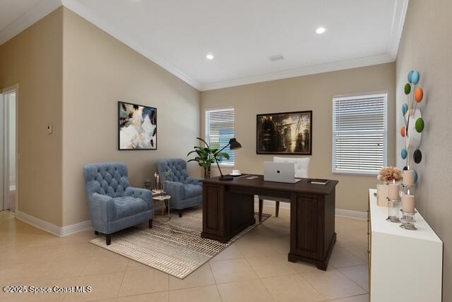 Office space with ornamental molding, light tile patterned floors, and recessed lighting