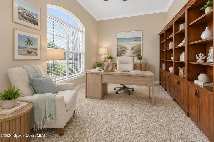large office space with built in book shelves