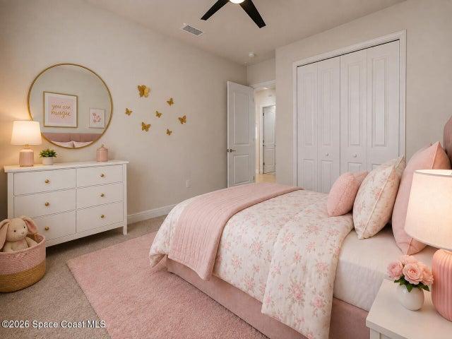 2nd bedroom is separated from others for privacy, and has a full bathroom just outside the door-virtually staged