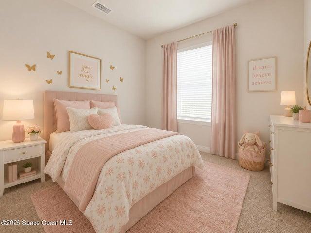 2nd bedroom is separated from others for privacy, and has a full bathroom just outside the door-virtually staged
