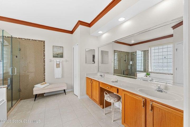 Primary bathroom with renovated shower