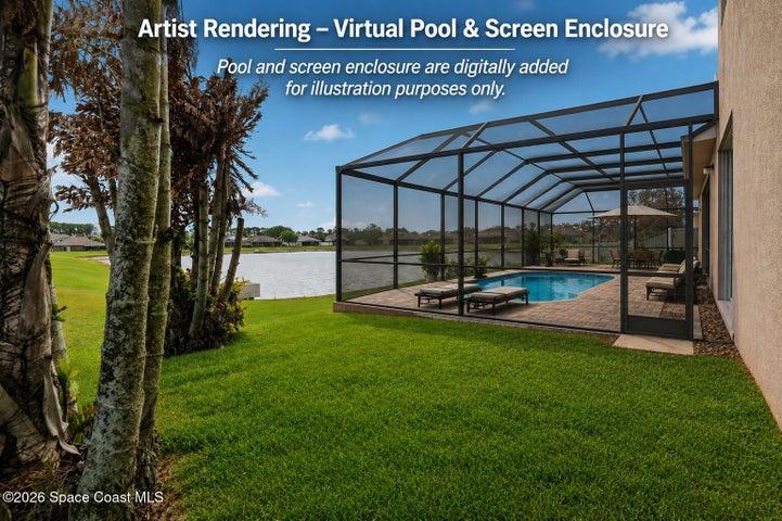 Virtual Rendering: This image has been digitally enhanced to illustrate the potential addition of a screened pool enclosure. The property does not currently have a pool or screen enclosure. Buyers should verify dimensions and feasibility independently.