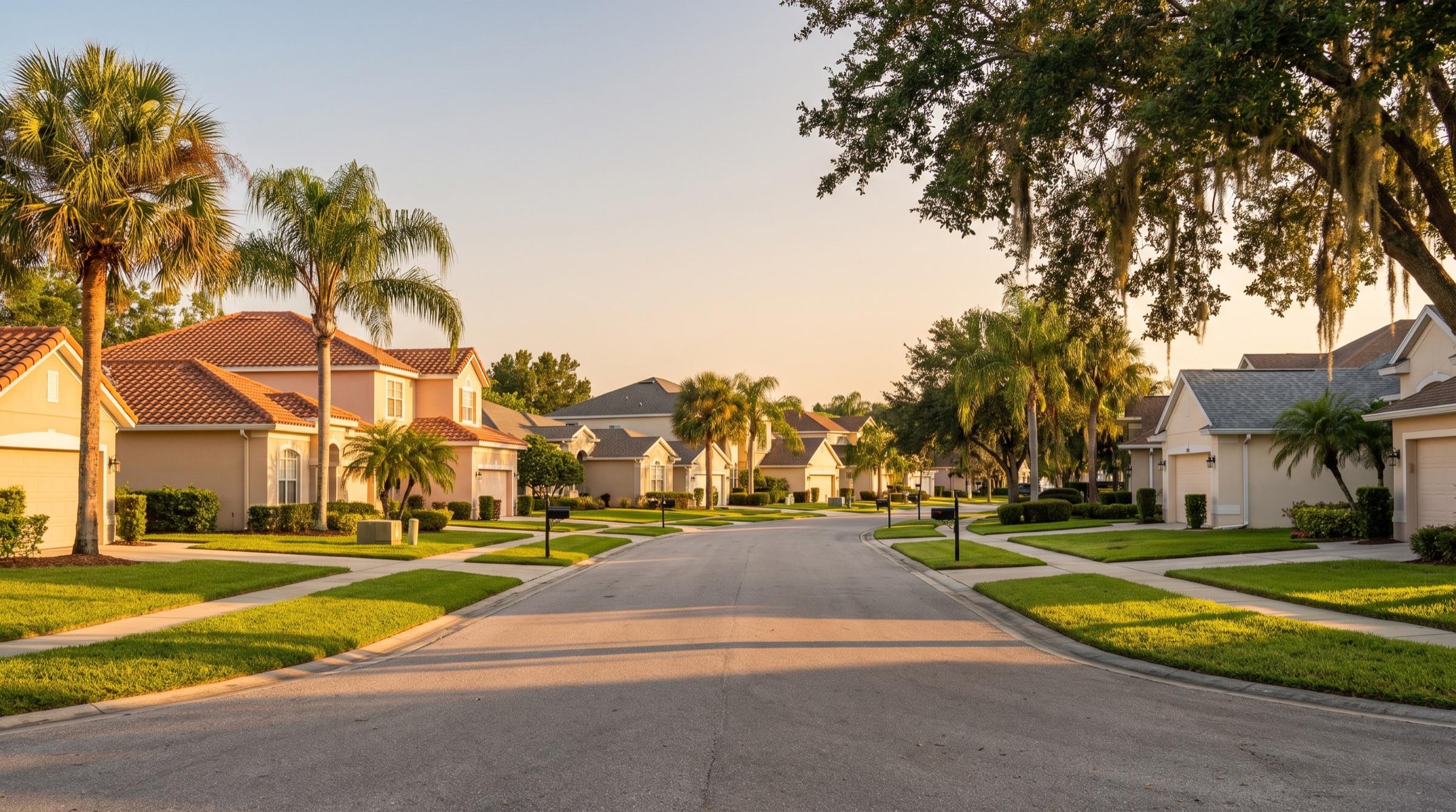 Golden-hour view down a quiet Central Florida residential street lined with tile-roofed homes, palms, and live oaks