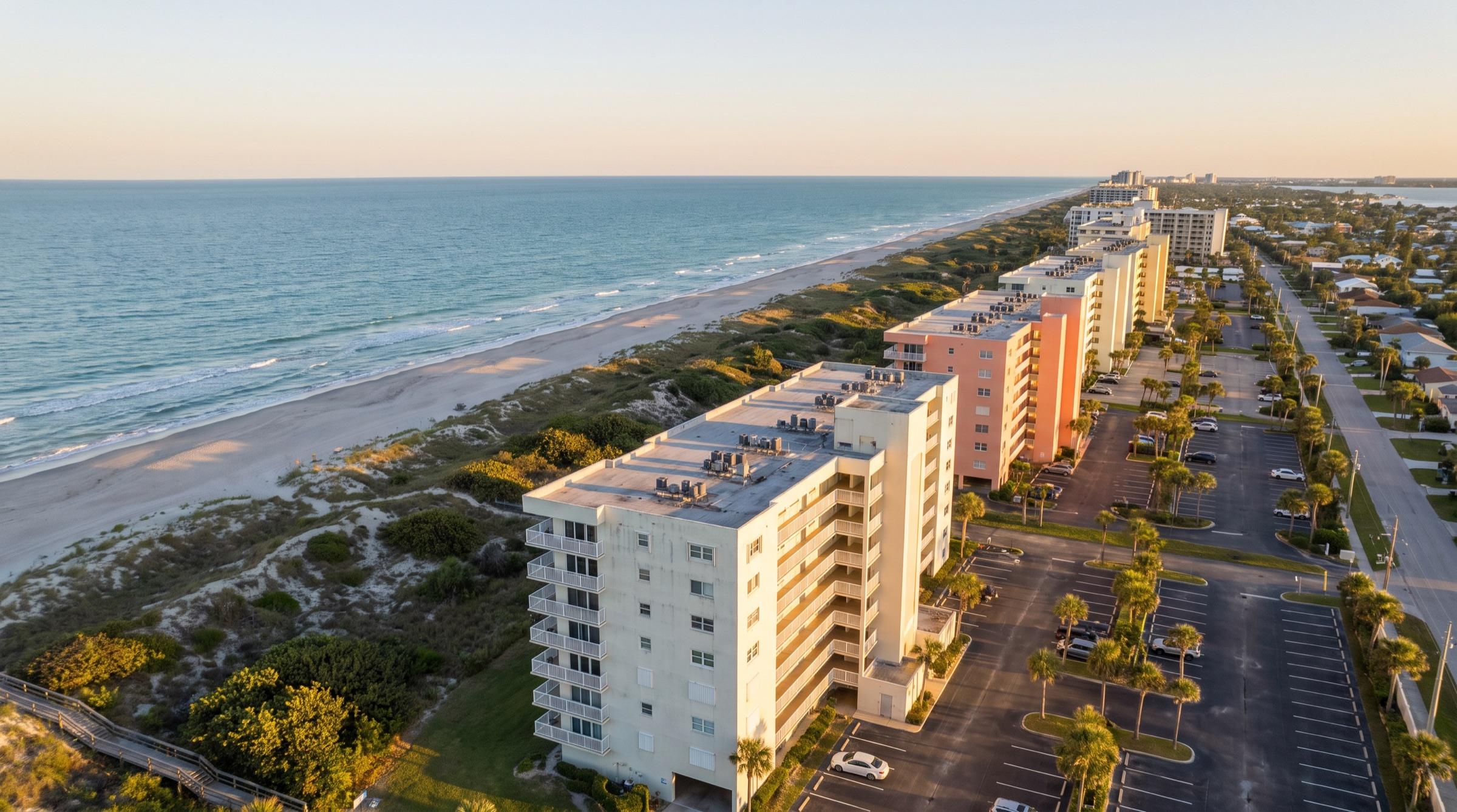Aerial view at golden hour of oceanfront condominium buildings lining a Florida barrier island beach on the Space Coast