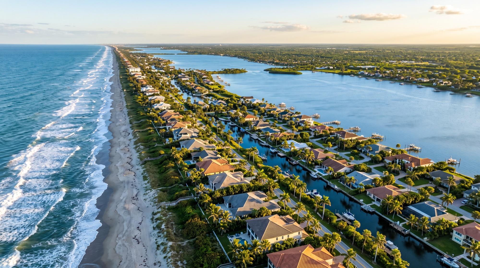 Aerial view of Florida Space Coast barrier-island homes between the Atlantic surf and the lagoon, with mainland neighborhoods beyond
