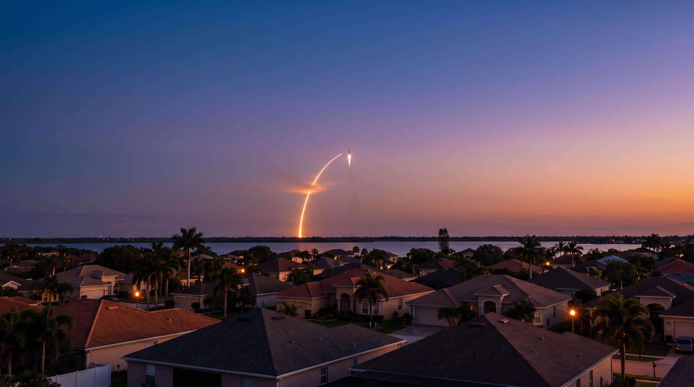 A rocket launch arcing over the Indian River at dusk, seen across the rooftops of a Brevard County residential neighborhood on Florida's Space Coast