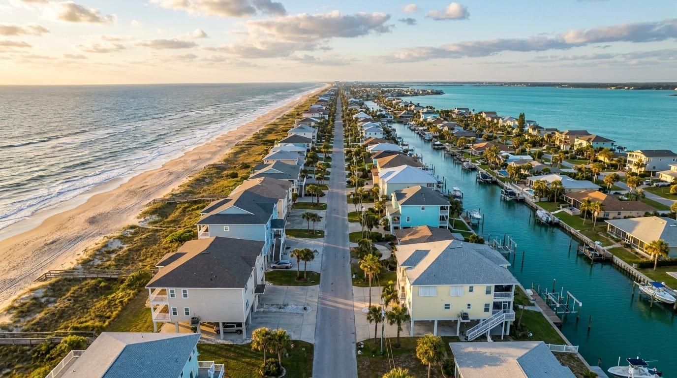 Aerial view of elevated barrier-island homes on pilings between the Atlantic beach and canal waterfront on Florida's Space Coast