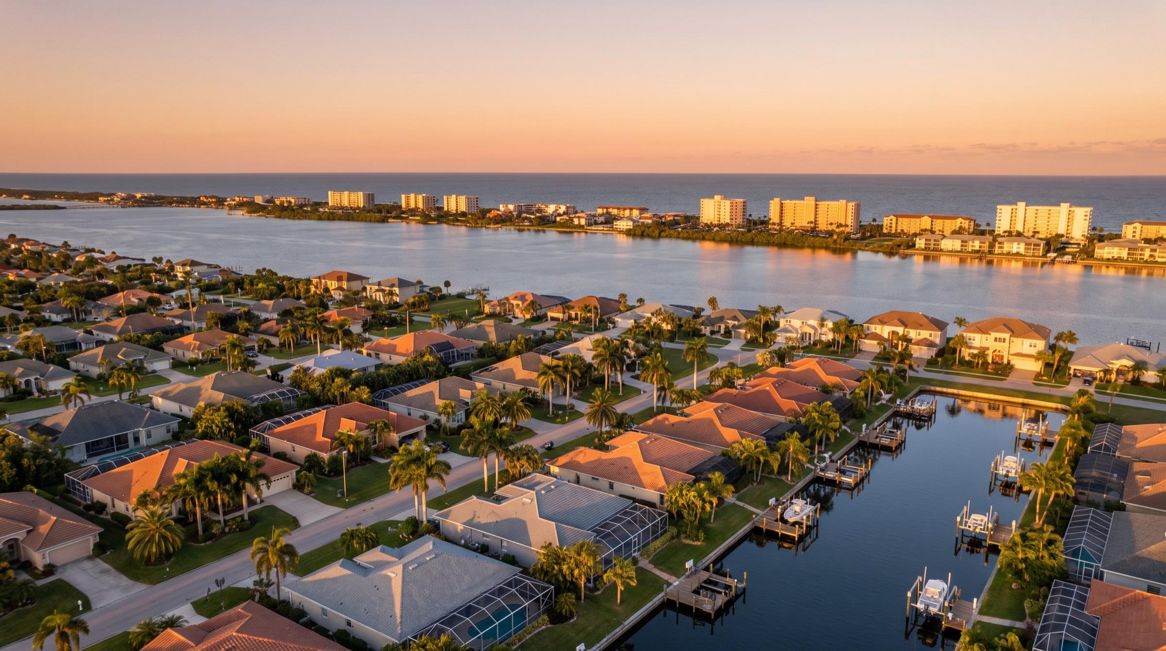 Aerial view at golden hour of Space Coast canal-front homes across the Banana River from barrier-island condominium towers and the Atlantic Ocean