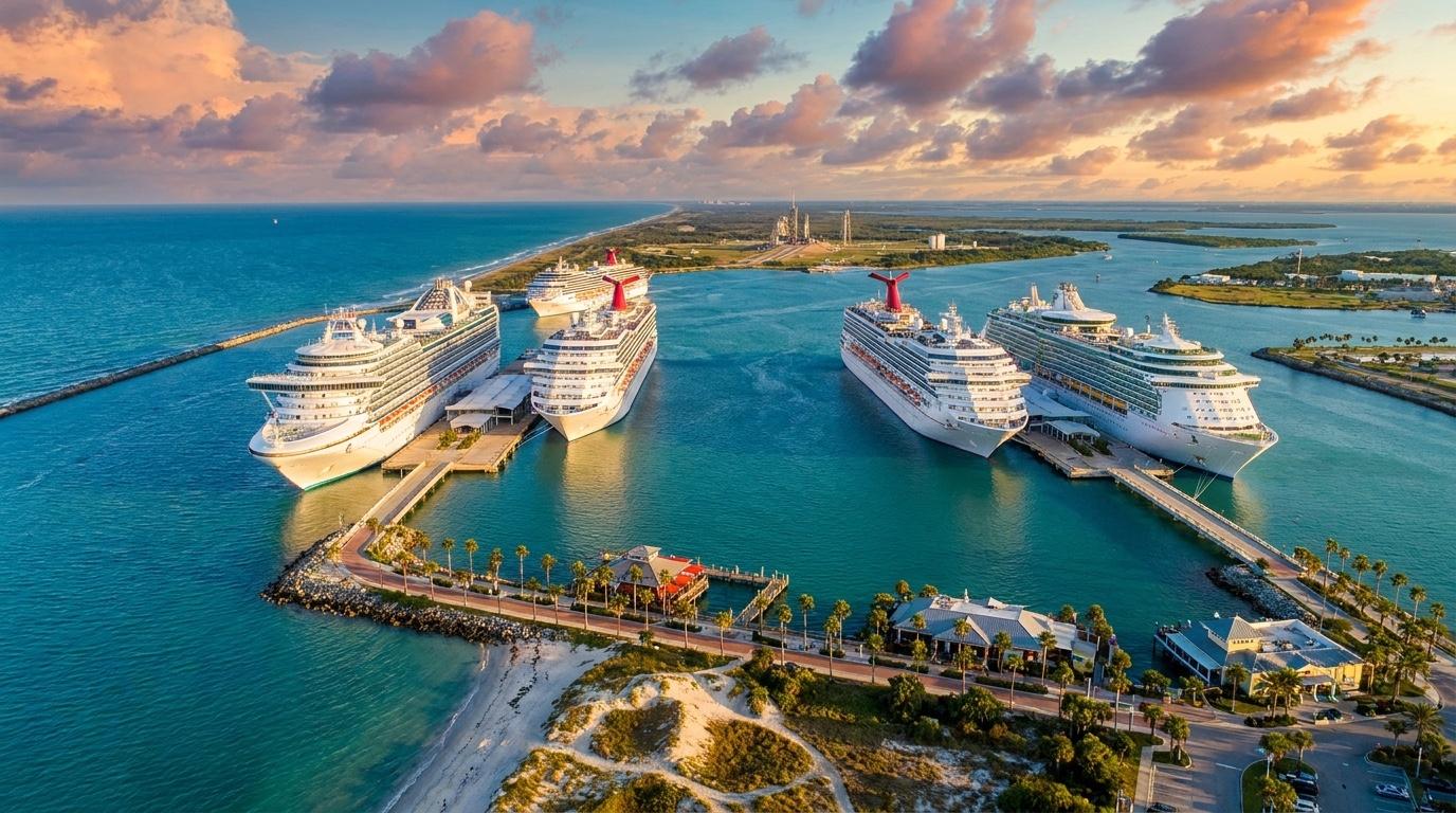 Aerial view of cruise ships docked at the Port Canaveral cruise terminals at golden hour in Cape Canaveral, Florida