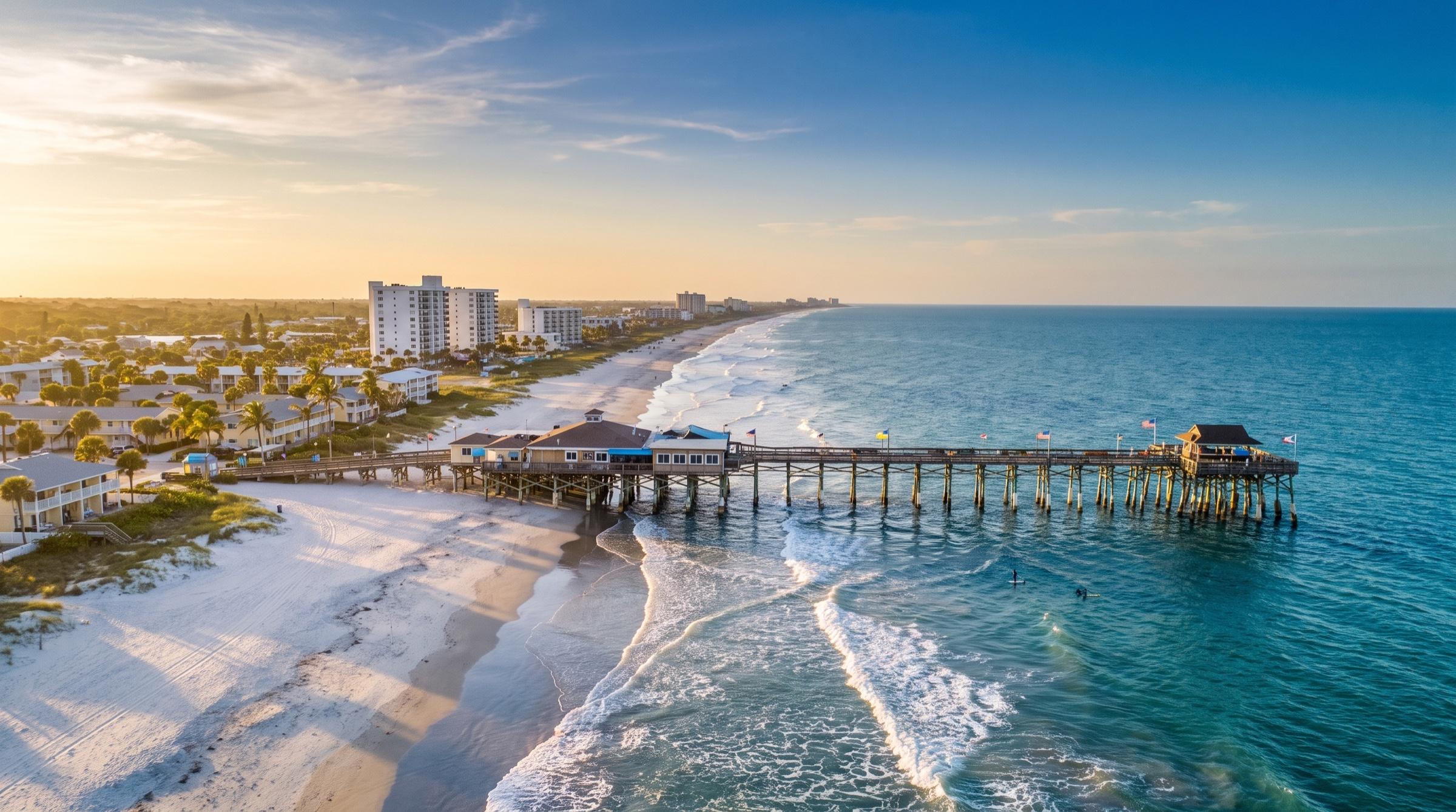Aerial view of the Cocoa Beach Pier and the Atlantic shoreline at golden hour in Cocoa Beach, Florida