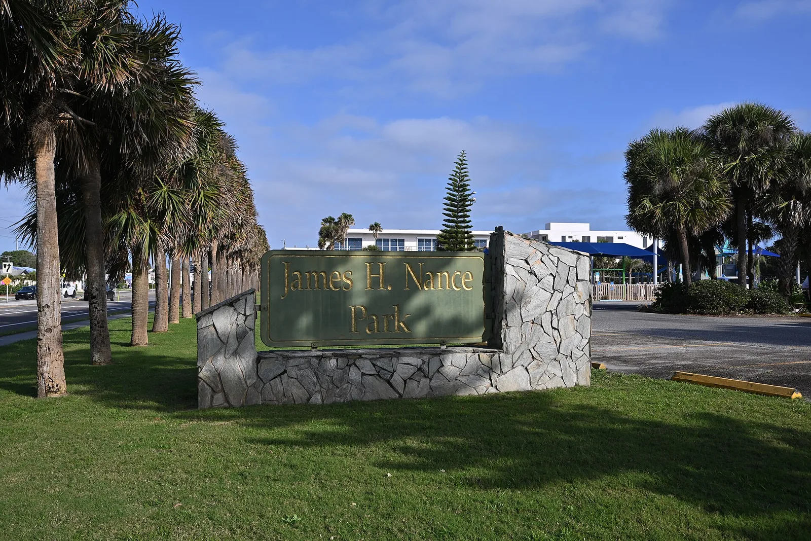 The stone sign at James H. Nance Park on A1A, Indialantic