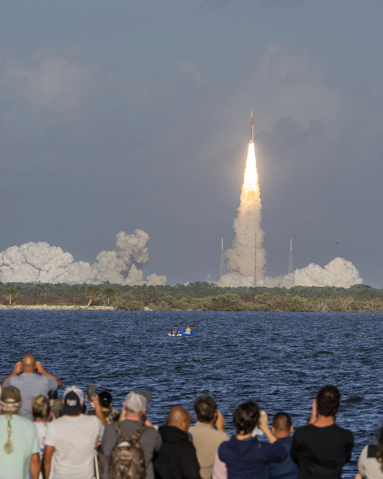 Crowds on the Max Brewer Bridge in Titusville watching the Artemis II launch